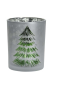 Preview: Glas-Windlicht Tannenbaum Weiß-Silber – Elegantes Teelichtglas mit matten Oberflächen, grünem Tannenbaum & silbernen Schneeflocken-Lichtauslässen