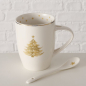 Preview: Weihnachtstasse „Stella“ 330 ml aus New Bone China mit Löffel – Edler Becher mit goldenem Tannenbaum & Sternen