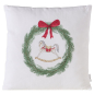 Preview: Weihnachtskissen „Cavallo“ 45 x 45 cm aus Baumwolle – Weißes Dekokissen mit Schaukelpferd & Tannenkranz