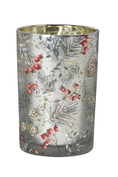 Glas-Windlicht Tannenzweig & Beeren (Höhe 18 cm, Ø 12 cm) – Elegantes Weihnachts-Windlicht aus Glas mit goldener Innenbeschichtung & Lichtdurchlass für stimmungsvollen Kerzenschein