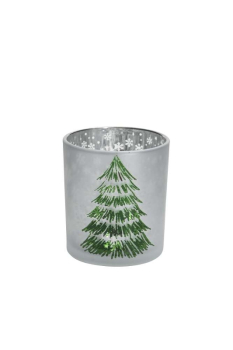 Preview: Glas-Windlicht Tannenbaum Weiß-Silber – Elegantes Teelichtglas mit matten Oberflächen, grünem Tannenbaum & silbernen Schneeflocken-Lichtauslässen