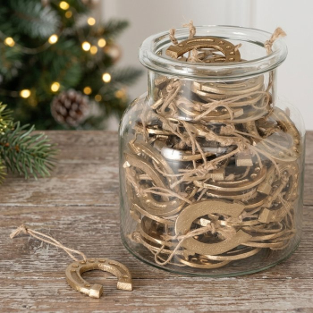 Preview: Hufeisen „Luck“ Gold – Handgearbeiteter Glücksbringer mit Juteband (4,5 x 5,5 cm) für Silvester, Neujahr