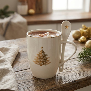 Preview: Weihnachtstasse „Stella“ 330 ml aus New Bone China mit Löffel – Edler Becher mit goldenem Tannenbaum & Sternen