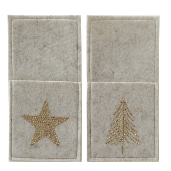 Filz-Bestecktasche „Glitza“ in Beige – Handgearbeiteter Besteckhalter für die Festtafel mit goldenem Strassstein-Motiv (Stern oder Weihnachtsbaum)
