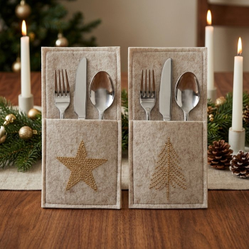 Preview: Filz-Bestecktasche „Glitza“ in Beige – Handgearbeiteter Besteckhalter für die Festtafel mit goldenem Strassstein-Motiv (Stern oder Weihnachtsbaum)