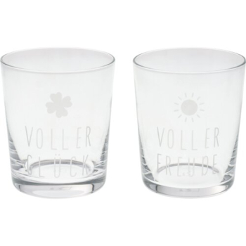 Trinkgläser Set „Voller Glück / Voller Freude“ | 2er Glas-Set mit gelaserten Botschaften 350 ml