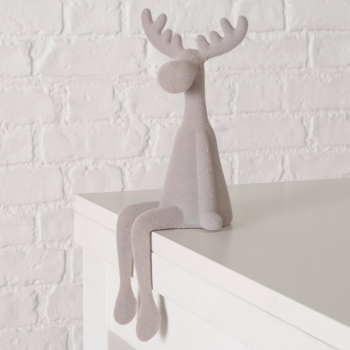 Preview: Kantenhocker Elch „Timor“ 33 cm – Beflockter Deko-Elch in Beige/Grau