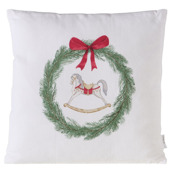Weihnachtskissen „Cavallo“ 45 x 45 cm aus Baumwolle – Weißes Dekokissen mit Schaukelpferd & Tannenkranz
