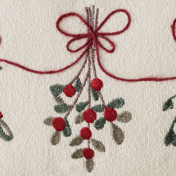 Preview: Weihnachtskissen „Mistella“ 50 x 30 cm – Längliches Dekokissen in Cremeweiß mit gestickten Mistelzweigen