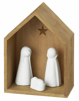 Kleine Weihnachtskrippe aus Holz mit weißen Keramikfiguren