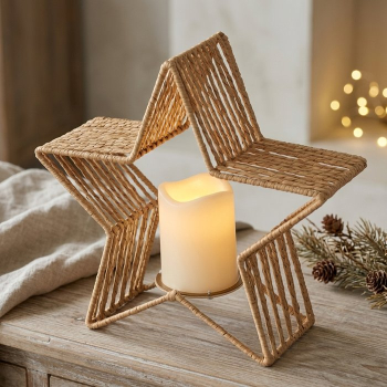 Preview: LED-Dekoaufsteller Stern „Luma“ (29 cm) aus Metall & Papierkordel – Handgewebter Stern mit integrierter LED-Kerze für stimmungsvolle Winter- & Weihnachtsdeko