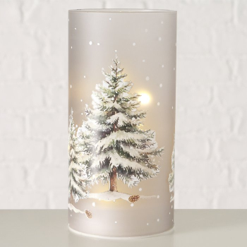 Preview: LED-Glaswindlicht „Glowina“ mit Frosted-Effekt, Waldmotiv & Timer – Beleuchteter Glaszylinder aus Mattglas mit LED-Lichterkette
