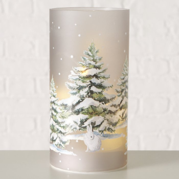 Preview: LED-Glaswindlicht „Glowina“ mit Frosted-Effekt, Waldmotiv & Timer – Beleuchteter Glaszylinder aus Mattglas mit LED-Lichterkette