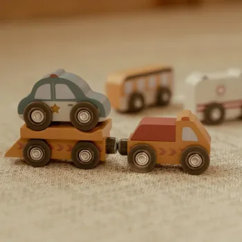 Preview: Little Dutch Holz-Fahrzeuge-Set „Einsatz- & Stadtfahrzeuge“ FSC® – Erweiterung für Eisenbahn ab 2 Jahre