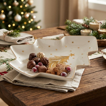 Preview: Schale „Stella“ 350 ml in Baumform aus New Bone China – Edle Keksschale Tannenbaum mit Golddekor & Goldrand