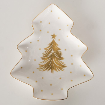 Schale „Stella“ 350 ml in Baumform aus New Bone China – Edle Keksschale Tannenbaum mit Golddekor & Goldrand