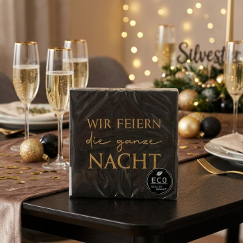 Preview: Papierservietten „Cheers“ (20 Stück, 33 x 33 cm) – Elegante Silvester-Servietten in Schwarz & Gold mit Spruch „Wir feiern die ganze Nacht“ für Neujahr & Party
