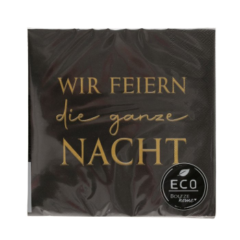 Papierservietten „Cheers“ (20 Stück, 33 x 33 cm) – Elegante Silvester-Servietten in Schwarz & Gold mit Spruch „Wir feiern die ganze Nacht“ für Neujahr & Party