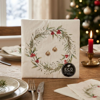 Preview: Papierservietten „Norway“ (20 Stück, 33 x 33 cm)  Weihnachtsservietten mit floralem Kranz & Glöckchen für die Festtafel im Advent