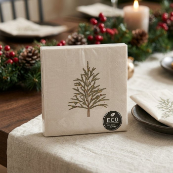 Preview: Papierservietten „Trello“ (20 Stück, 33 x 33 cm) – Weihnachtsservietten in Cremeweiß mit gemaltem Tannenbaum-Motiv