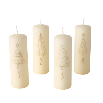 Preview: Adventskerzen-Set – Nummerierte Stumpenkerzen aus Paraffin mit Tannenbaum-Motiven für den Adventskranz