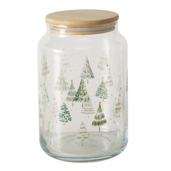 Vorratsglas „Trimas“ 890 ml – Große Keksdose aus Glas mit Bambusdeckel & Tannenbaum-Motiv