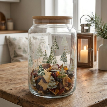 Preview: Vorratsglas „Trimas“ 890 ml – Große Keksdose aus Glas mit Bambusdeckel & Tannenbaum-Motiv