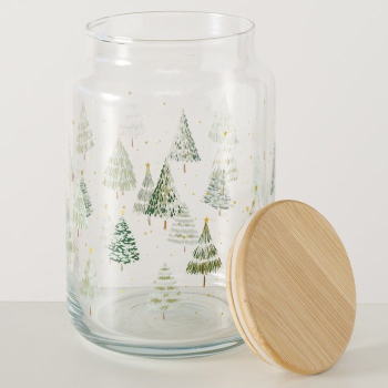 Preview: Vorratsglas „Trimas“ 890 ml – Große Keksdose aus Glas mit Bambusdeckel & Tannenbaum-Motiv