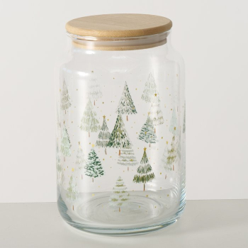 Preview: Vorratsglas „Trimas“ 890 ml – Große Keksdose aus Glas mit Bambusdeckel & Tannenbaum-Motiv