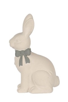 Hasenaufsteller DUR 19,5 cm – Eleganter Zement-Osterhase in Weiß mit grauer Schleife