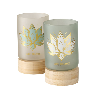 Boltze Windlicht Bali – Edles Glas-Windlicht mit Bambus-Sockel & Lotus-Motiv 15,5 cm