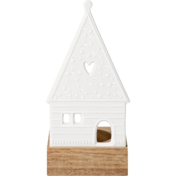 Räder Design Lichtszene „Lebkuchenhaus Herz“ – Porzellan-Teelichthalter mit Holzsockel