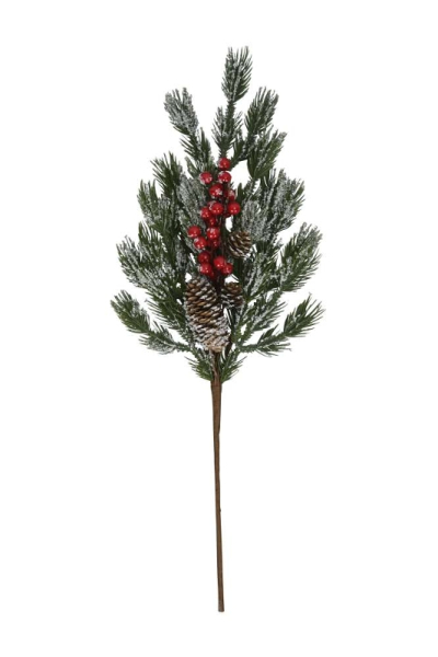 Künstlicher Tannenzweig mit roten Beeren & Zapfen (60 cm lang)