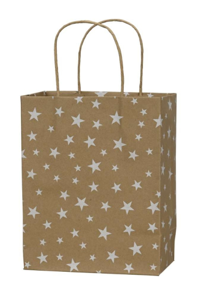 Geschenksackerl aus Papier mit Sternen (20 x 11 x 25 cm) – Umweltschonende Geschenktsche Kraftpapier Braun mit weißen Sternen & Kordeltragegriffen