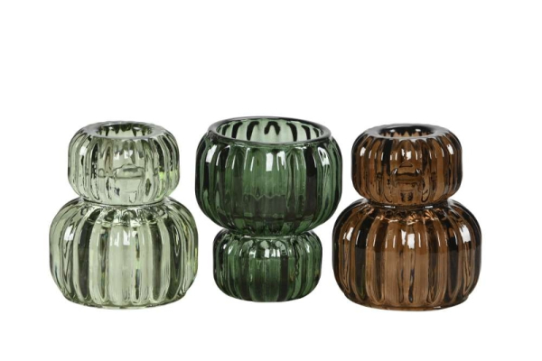 2-in-1 Glas-Kerzenhalter geriffelt (Höhe 8 cm, Ø 6,5 cm) – Wendbarer Kerzenständer für Stabkerzen & Teelichter