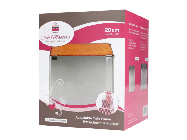 Cake-Masters Backrahmen quadratisch verstellbar (20 cm hoch / 16x16 bis 28x28 cm) – Stufenloser Tortenrahmen aus rostfreiem Edelstahl zum Backen & Schichten eckiger Motivtorten