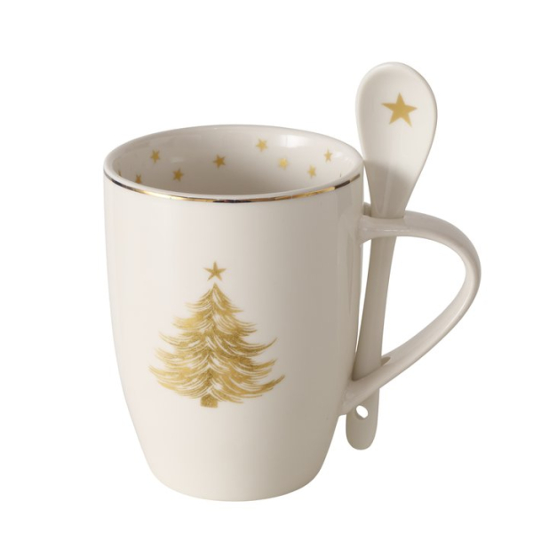 Weihnachtstasse „Stella“ 330 ml aus New Bone China mit Löffel – Edler Becher mit goldenem Tannenbaum & Sternen
