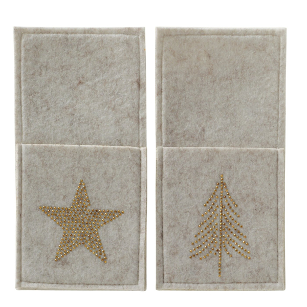 Filz-Bestecktasche „Glitza“ in Beige – Handgearbeiteter Besteckhalter für die Festtafel mit goldenem Strassstein-Motiv (Stern oder Weihnachtsbaum)
