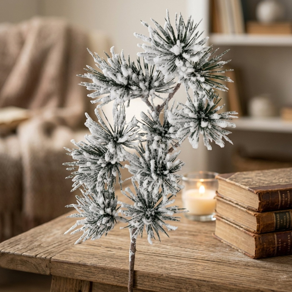 Beschneiter Kiefernzweig 48 cm – Kunstzweig mit Schnee-Effekt