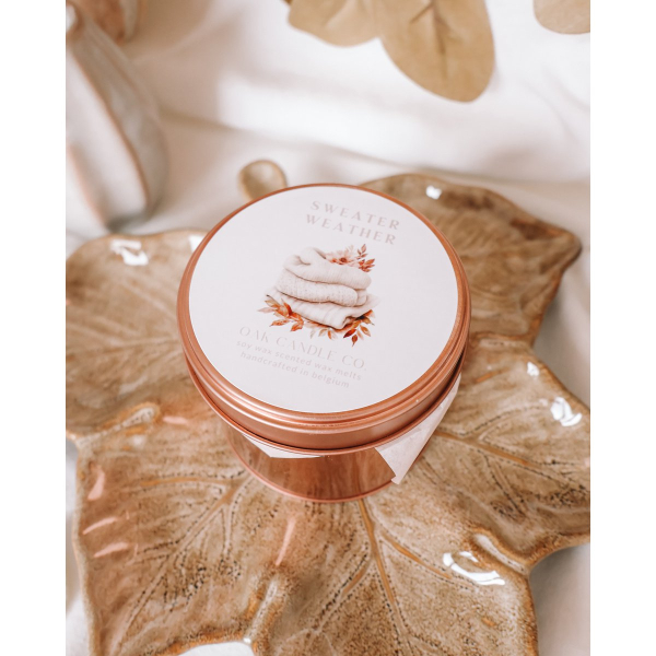 Duftwachs „Sweater Weather“ Wax Melts 100 g aus Sojawachs in roségoldener Blechdose – Frischer Herbst- & Waldduft mit weißer Zeder, Kaschmir, Bergamotte & Kiefer