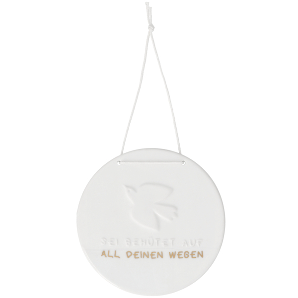 Porcelain Sign "Dove" – Decorative Pendant with Blessing in White & Gold D: 9.9 cm