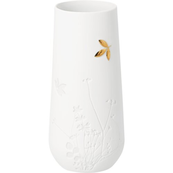 Porzellan Vase „Goldblatt“ | Kleine Blumenvase mit goldenem Blattdekor Ø 6 cm, Höhe 12,8 cm