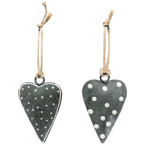 Teal Metal Heart Pendant 6 cm – Rustic Grey Decorative Hearts with White Polka Dots
