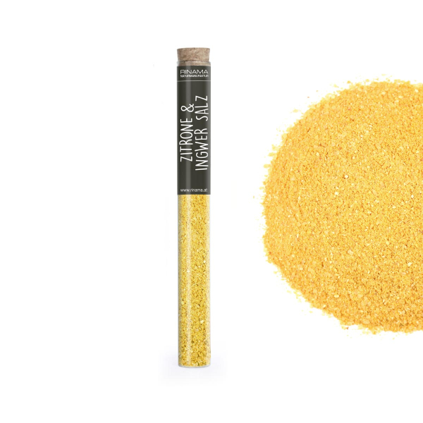 Ginger & lemon salt in a glass cylinder