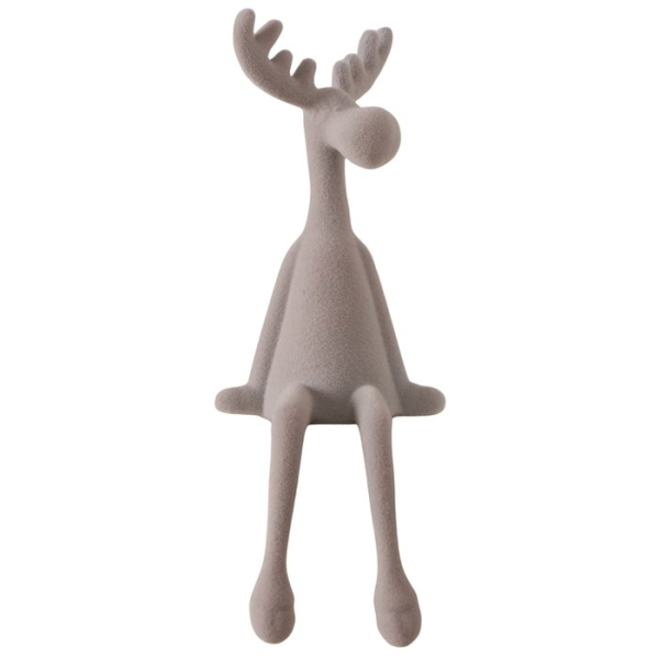 Kantenhocker Elch „Timor“ 33 cm – Beflockter Deko-Elch in Beige/Grau
