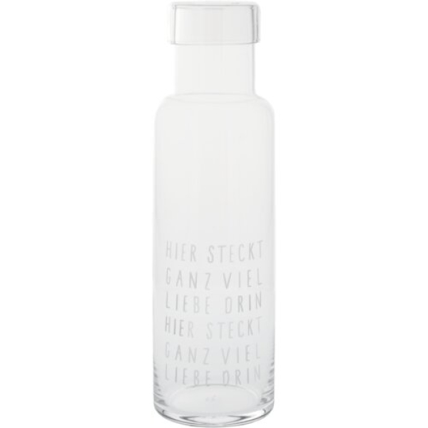 Glaskaraffe „Hier steckt ganz viel Liebe drin“ | Wasserkaraffe mit Herzdeckel 1 Liter, Höhe 28,6 cm