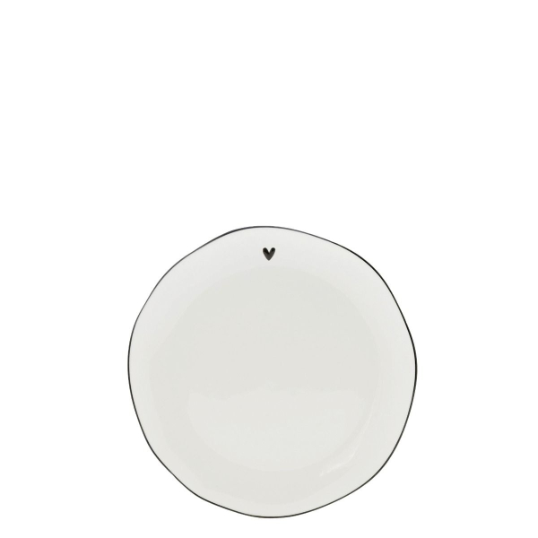 Bastion Collections Kuchenteller, Cake Plate 16 cm – Weißer Porzellanteller mit schwarzem Rand & Herz