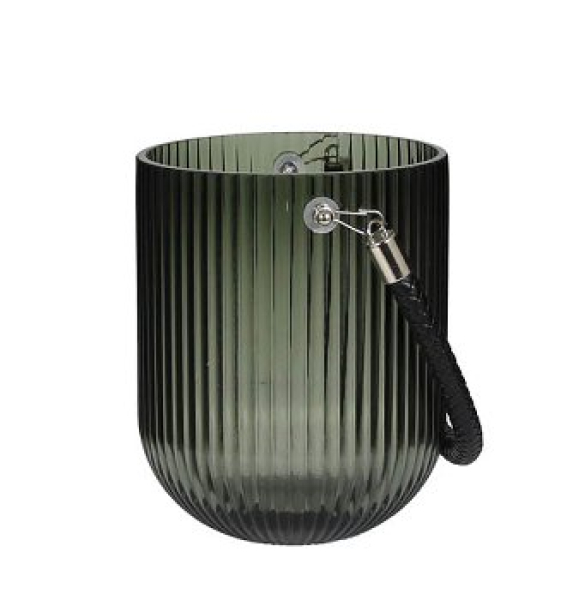 Kaheku Laterne Relax Struktur Grau – Elegantes Glas-Windlicht mit Henkel und Rillenoptik (Ø 13 cm, H 16 cm)