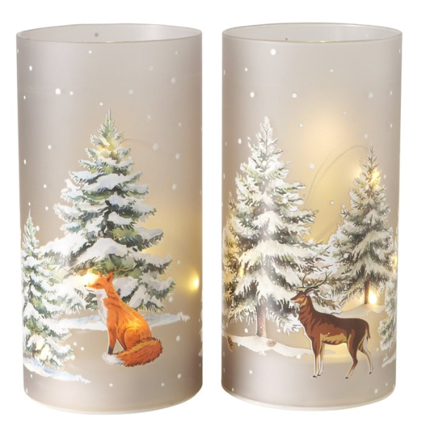 LED-Glaswindlicht „Glowina“ mit Frosted-Effekt, Waldmotiv & Timer – Beleuchteter Glaszylinder aus Mattglas mit LED-Lichterkette