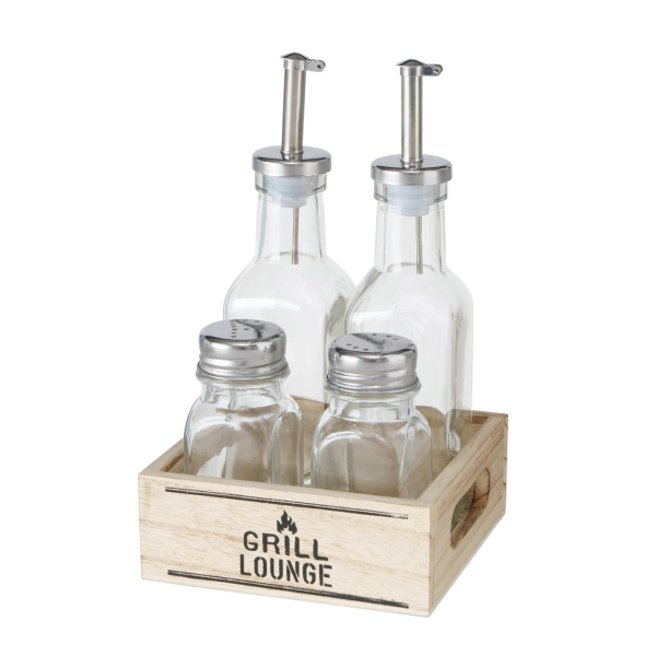 Bottle holder for oil and vinegar, tray for grilling